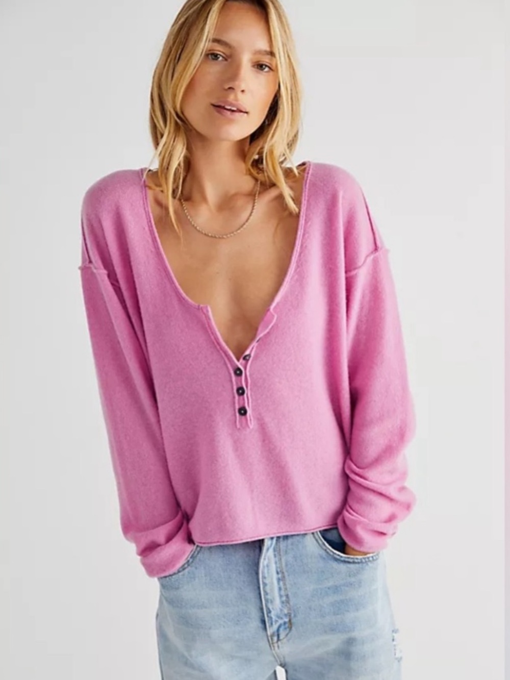 Free People Pink Deep V Nimbus Cashmere Henley Sweater Size XS